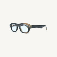 Lombia Manqoba optical frame in striped horn, side view